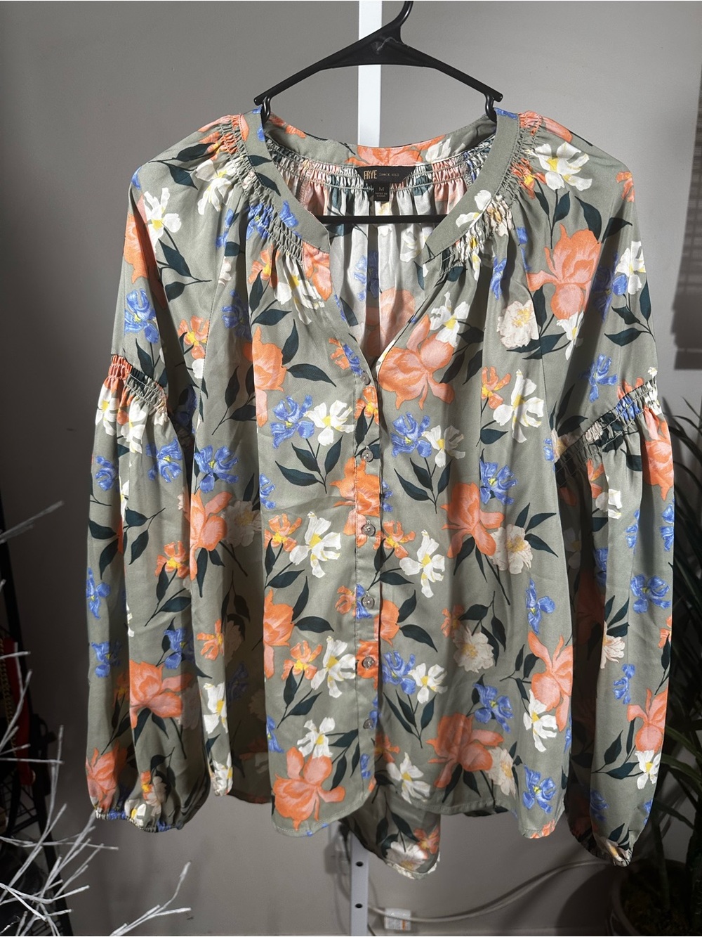 S62. Frye- Floral Button-Front Peasant Blouse - Olive with Orange & Blue Flowers - Picture 1 of 6